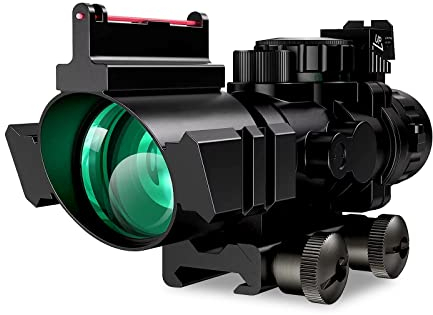 ToopMount 4x32 Zielfernrohr Dot Sight Rot Grün Blau 3 Farben Absehen 3 Level Fit 20mm Picatinny/Weaver Rail mit Duble Side Rails Fiber Iron Sight