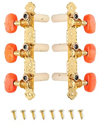 Mr.Power Guitar Tuners Machine Heads 3+3 Set Tuning Keys String Pegs for Classical Guitar (Short Gold, Red Button)