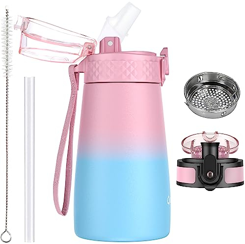 OLDLEY 350ml/12oz Kids Stainless Steel Water Bottle with Straw for School with 2 Different Lid Metal Vacuum Insulated Water Bottles Small Flask for Boys Girls Toddler Children Hot Cold Drinks BPA Free