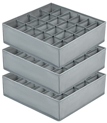 DIMJ 3 Pack Drawer Organisers 24 Cells Sock Organiser Foldable Underwear Drawer Organiser Fabric Drawer Divider Storage Boxes for Socks, Belts, Grey