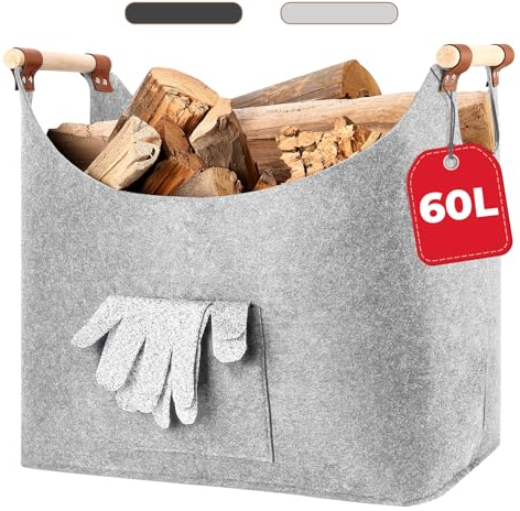 Yamagahome XXL Kaminholzkorb mit Aufbewahrungstasche, Faltbar Groß Holzkorb für Kaminholz, Feuerholzkorb mit Verstärktem Holzgriff Brennholzkorb für Holz, Zeitunge, 45 x 32 x 40 cm, Hellgrau