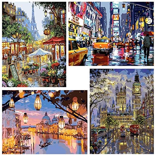 4 Pack Paint by Numbers for Adults,Landscape City Paint by Numbers for Adults Beginner,London Paris Venice New York Oil Painting for Home Wall Decor Inch12x16
