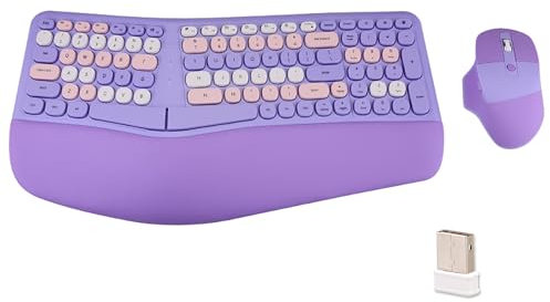 Wireless Ergonomic Keyboard and Mouse Combo, Split Keyboard, Stain-Resistant Comfortable PU Wrist Rest, Natural Typing, 2.4G Connectivity, Compatible with PC/Laptop (Purple)
