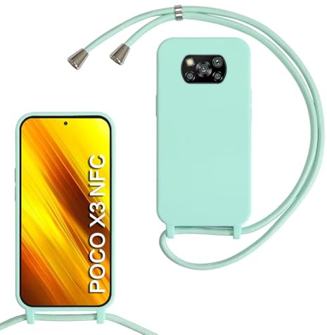 SLWYF Funda Silicona Líquida con Cuerda para Xiaomi Poco X3 NFC/Poco X3/Poco X3 Pro, Carcasa Suave Silicona Case con Correa Colgante Ajustable Collar Correa de Cuello Cadena Cordón- Menta Verde