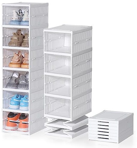 ELUCHANG Shoe Boxes, 6PCS Clear Shoe Boxes Stackable Foldable, Shoe Storage Organiser for Sneakers, Trainers, Hallway, Under Bed, Fit Up to UK 10, Installation Free, Transparent and White