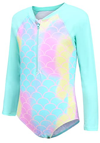 Aisyee Maillot de Bain Fille Manches Longues Rashguard Maillot de Bain Enfant Fille 1 Piece Anti UV Protection Solaire 7 8 Ans
