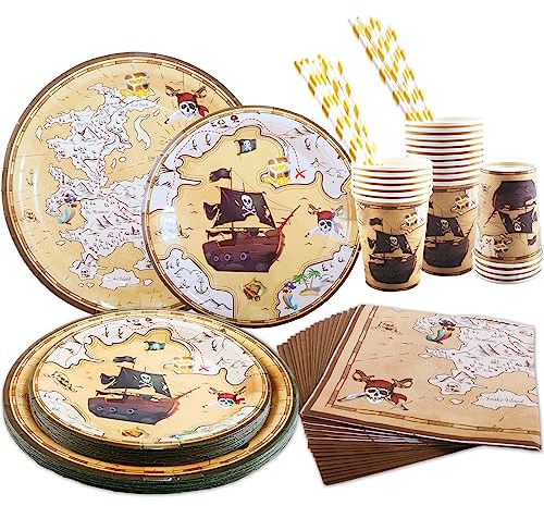 Aitsite Juego de 100 platos de fiesta de pirata, platos de fiesta de cumpleaños para 20 invitados, vajilla de pirata de cumpleaños, platos desechables, vasos de papel, servilletas, pajitas, decoración