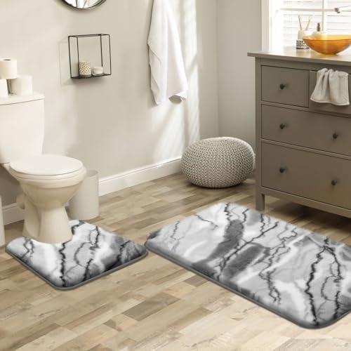 McEu Badezimmermatten-Sets2-Teilig, Bad und WC-Vorleger-Set, rutschfeste Badezimmerteppiche aus Kunstkaninchenfell, wasserabsorbierende Badezimmer Bodenmatte,Maschinenwaschbar (50x80cm+50x50cm Grau)