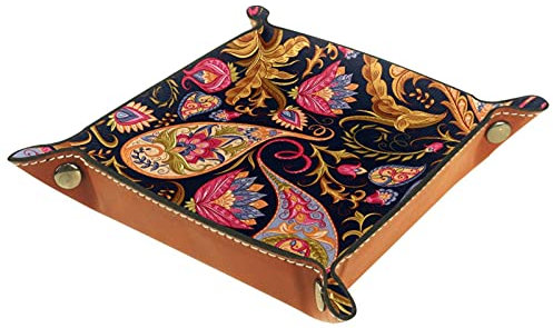 suojapuku Bandeja de cuero,vendimia floral paisley étnico,Bandeja de cuero plegable para reloj de joyería de monedas de llave de almacenamiento