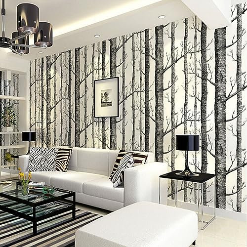 Mwpqbd Nordischer Stil Vliestapete Schwarz-Weiß Baumstamm Birkenwald Sofa TV Nachttisch Hintergrund Nicht Selbstklebend Simulation 3D Tapete