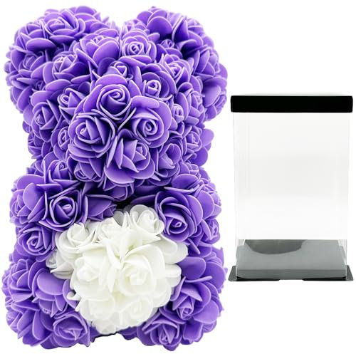 SECALIFE Purple Rose Bear Women Gifts for Valentine's Day, Mother's Day, Wedding, Anniversary's, Rose Teddy Bear Flower Bear Purple Rose Bear in Clear Gift Box