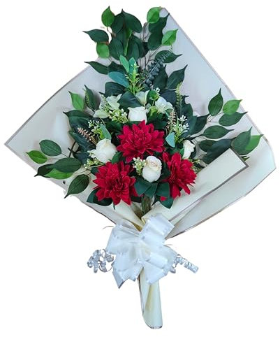 DRW Ramo de Flores para Cementerio Ramo Flores Artificiales para Meter en el Bote Jarron o sobre Sepultura 73x63x20 cm (Dalias Rojas)