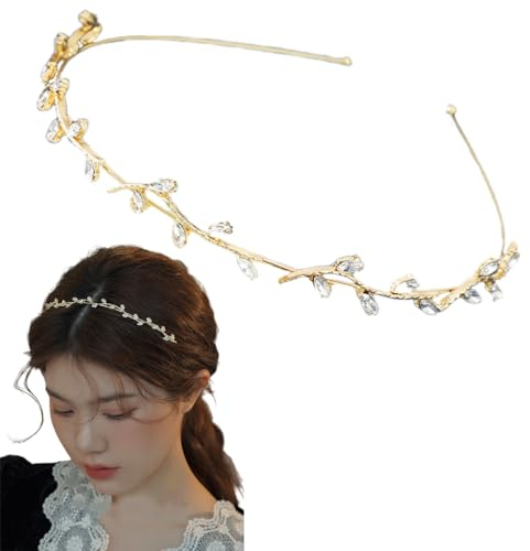 scicent Haarreifen Damen Hochzeit Party Strass Kopfband Dünner Goldener Stirnband der Blätter Krone Haarband für Braut Brautjungfern für Frauen und Mädchen 23620