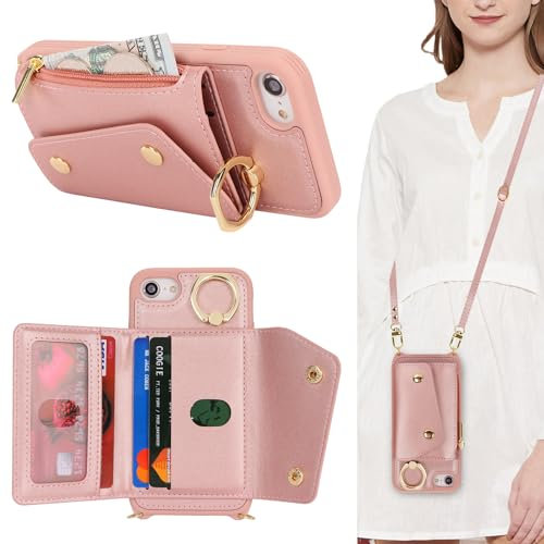 Lipvina Hülle für iPhone 7/8/SE 2020/SE 2022 mit Band, Kartenhalter, Reißverschluss, Ständer, Rosa