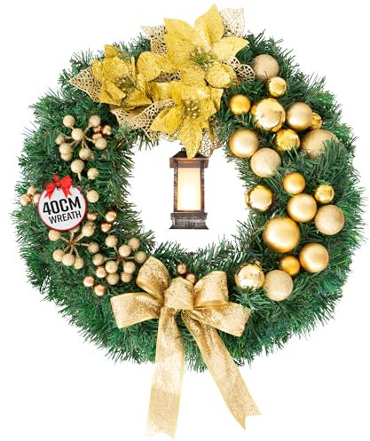 GloBrite 40cm Holly Wreath with Lantern | Christmas Wreaths for Front Door | Christmas Door Wreaths Home Decor Christmas Decorations Christmas Outdoor Decorations - Yellow