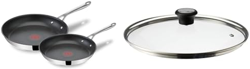 Tefal E304S244 Jamie Oliver, 2 Sartenes de acero inoxidable, Antiadherentes, Reforzadas & 28097712 Tapa de Vidrio Compatible, Salida de Vapor, 28 cm - Transparente