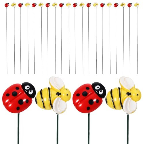 Toddmomy 20pcs Bee Ladybug Garden Stake Ornaments, Resin Decorative Garden Sticks for Outdoor Planter Pots, Multi-Color Yard Decorations for Flower Beds and Borders