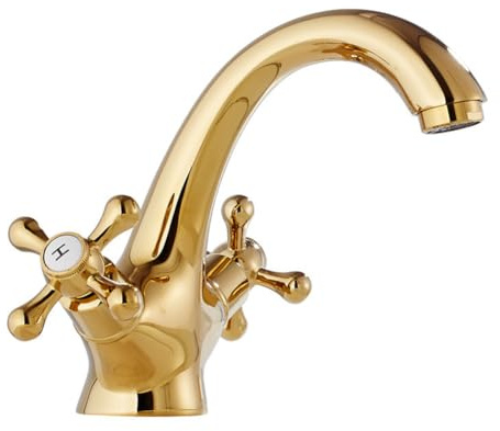 Wasserhahn Bad Waschtischarmatur Retro Antik Stil Messing Zweigriff Mischbatterie Waschbecken Armatur, Badarmatur Waschtischbatterie Badezimmer, Gold