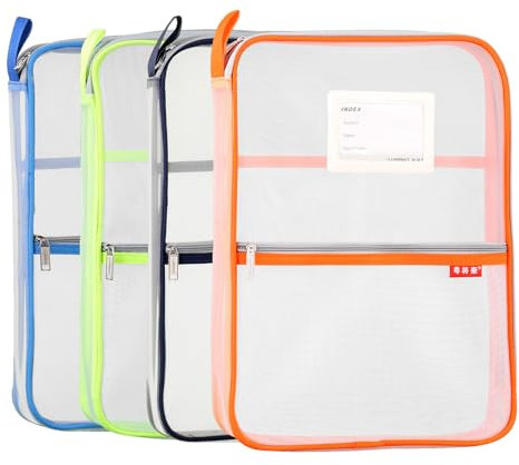 Netz-Dokumententasche, Nylon, Dokumententasche, Reißverschluss, A4, Studenten, Hausaufgaben, Bürobedarf, 4 Stück (Orange, Grün, Blau, Dunkelblau)