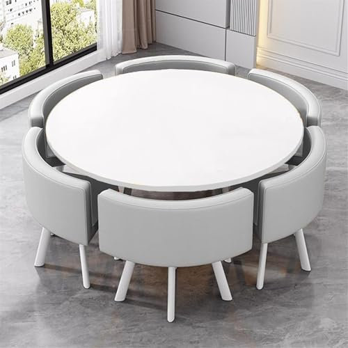 TS TAC-SKY Mesa De Recepción De Oficina Y 6 Sillas, Silla con Respaldo De PU, Mesa Redonda For Conferencias, Comedor, Negociación, Tablero De Densidad(Light Gray 4)