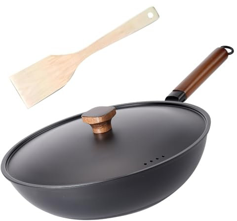 W&H Padella wok da 32 cm, con coperchio, senza rivestimento chimico, per cucinare, arrostire e stufare per 3-6 persone, a induzione, elettrico, a gas