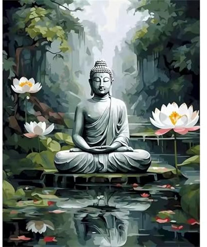 QiHon Peinture par Numéros pour Adultes Lotus, Peinture par Numéro Adulte Zen, DIY Kits de Peinture à L'huile avec Peinture et Pinceau 30x40cm (Sans Cadre)