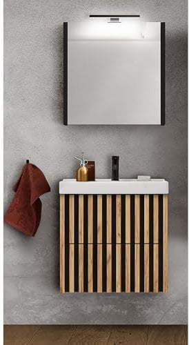 Lomadox Badmöbel Set mit 60 cm Waschtisch, Spiegelschrank in Eiche Nb. mit schwarz, B/H/T: ca. 61/200/46 cm