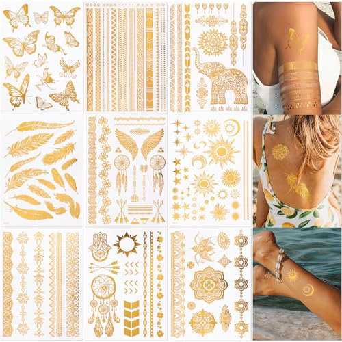9 Fogli Tatuaggi Temporanei Oro Metallici Donna Uomo, Tattoo Temporanei Tatuaggi Finti Gioiello Trasferelli Adulti Ragazzi Feste Estate