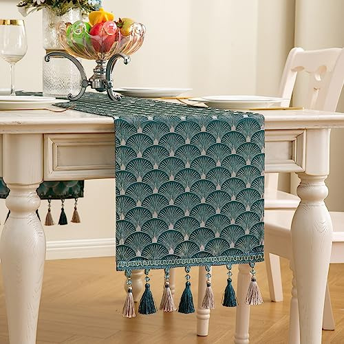 Mayler Yee Tischläufer, Vintage-Stil, luxuriös, Bestickt, Jacquard-Damast-Stoff mit Mehreren Stoffen, für Wohnzimmer, Kommode, Schals (Blaugrün, 33 x 228 cm)