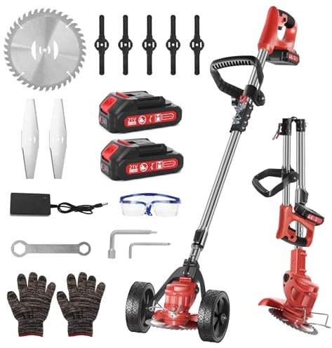 Ykall Cordless Electric Weed Wacker – Lightweight Battery-Powered Grass Trimmer with 3 Blade Types, 2 Batteries & Wheels – Foldable Lawn Edger & Brush Cutter for Garden & Yard
