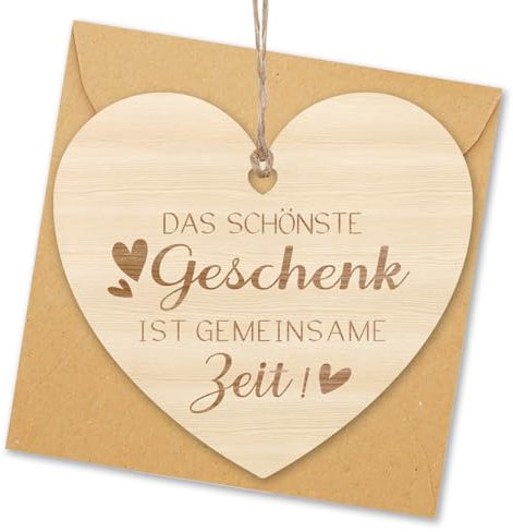 Vielucks Holz Karte Freundin Geschenk - DAS SCHÖNSTE GESCHENK IST GEMEINSAME ZEIT! Herzform mit Umschläge, Holzdeko zum Selber Beschriften, Geschenk für Freundin Geburtstag (DS-1PCS)