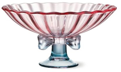 TUCHACA Glass Fruit Bowl. 9 inch Glass Pedestal Bowl. Elegant Bow Decoration Multicolor Salad Plate. Suitable for Fruit, Dessert, Candy, Snack & More. (Pink & Blue)