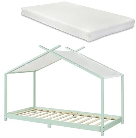 [en.casa] Kinderbett Brome mit Matratze Hausbett 90 x 200 cm Jugendbett Bettenhaus Spielbett mit Lattenrost und Abnehmbarem Stoffdach Montessori Bett aus massiver Kiefer Bettgestell Holz Mintgrün