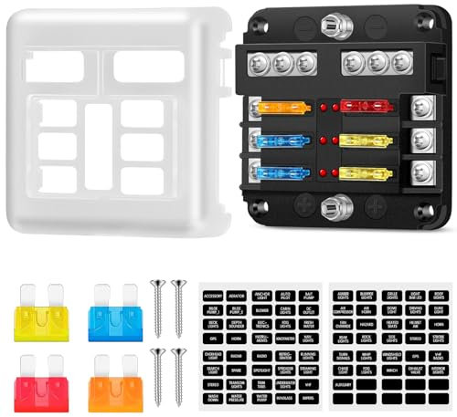 Porte Fusible Boite a Fusible 12V à 6 Compartiments, Boite Fusible Voiture avec Indicateur de Bus Négatif, Porte Fusible Voiture avec 10 Fusibles, Pour le Camion de Camion Auto Van SUV Marin