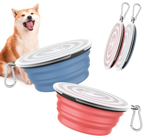 Pawaboo Pack de 2 Cuencos de Viaje Plegables para Perros con Tapa | Cuencos plegables para comida y agua para perros y gatos (para paseos, viajes y uso en casa) – Rosa claro y azul