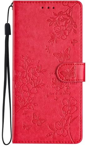 Handyhülle für Blackview A55 Pro Hülle mit RFID Premium PU Leder Blackview A55 Pro Schmetterling Schutzhülle Etui Folio Flip Case Klapphülle Handytasche für Blackview A55 Pro rot