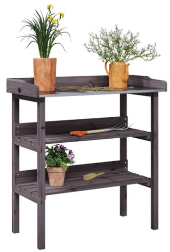 Fasba Pflanztisch, Gärtnertisch, Blumentisch für Garten Balkon Terrasse, Gartentisch Arbeitstisch, mit Ablagen Grau 78x38x82,5 cm Massivholz Tanne