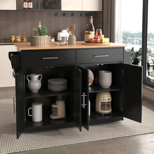 Seyakany Isla de cocina con ruedas, euble de cocina con bandeja abatible, aparador, con patas de madera intercambiables, ideal para la cocina y el comedor, 120 x 46 (70) x 91 cm (negro)
