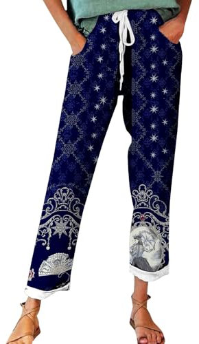 Pantaloni in lino, da donna, a tre quarti, estivi, leggeri, boho, per il tempo libero, a vita alta, pantaloni da jogging, pantaloni da trekking, pantaloni rilassanti, pantaloni in tessuto, stampa