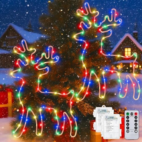 HOUSN Decoración navideña de renos iluminados, 100 luces LED de ventana de Navidad, funciona con pilas, ventana de pared para interiores y exteriores, decoraciones de Navidad LED para jardín, patio