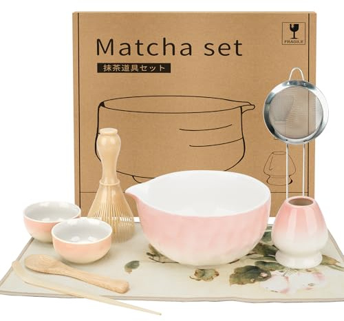 Zingbee Matcha Set 9-teilig Rosa – Keramik Schale mit Ausgießer & Besen | Matcha tee set,inklusive Matcha Whisk*1,Matcha Besen Halter*1,Matcha Sieb*1,Matcha Löffel*2,Matcha Tasse*2,Matcha Starterset