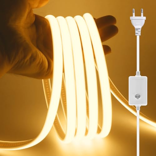 XUNATA Dimmbar COB Neon LED Streifen, 230V 288LEDs/m Superhell Hohe Dichte IP65 Wasserdicht Diffusion Flex COB LED Leiste Lichtband Strip für Hausbeleuchtung Party DIY Deko (Warmweiß, 3M)