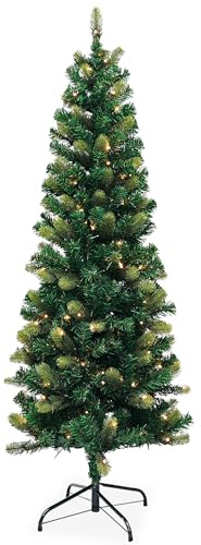 Trimming Shop 6ft Yuletide Slim Artificial Christmas Tree, 200 Lights | Realistic Norway Spruce With Warm White LEDs, 613 Tips, Hinged Branches & Foldable Metal Stand For Small Indoor Spaces