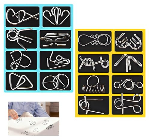 16 Pieces Metal Wire Puzzle Set – Brain Teaser Puzzle for Adults – Metal IQ Puzzles Rings Knots & Disentanglement Games for Logic Challenge & Gifts