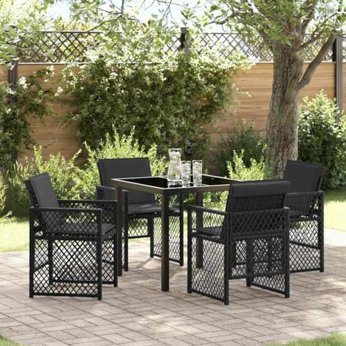 Kaloriko Garten Essgruppe 5-teilig, Schwarz Poly-Rattan, Outdoor Möbel Set mit Glastisch, 4 Stühlen, Balkon Gartenmöbel