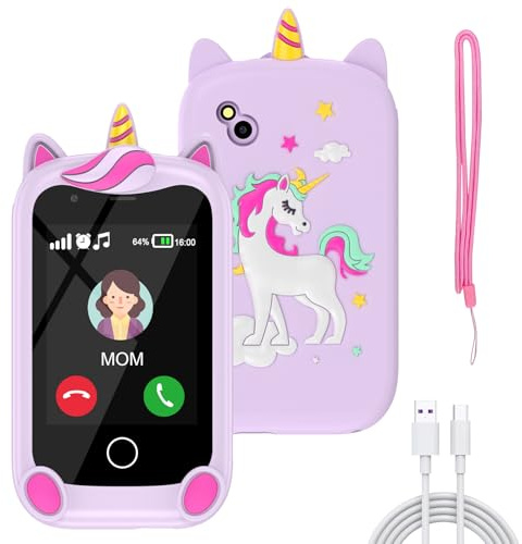 PTHTECHUS Kinder Handy, Mini-Telefon für Mädchen Jungen, 2.8 Zoll großer Touchscreen Smartphone Kinder 16 Spiele Anruf SOS Musik Kamera Schrittzähler Wecker, kindertelefon Jungen ab 4-9 Jahre (Lila)