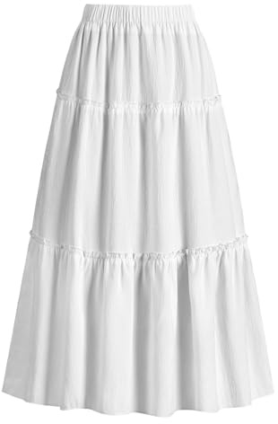 JASGOOD Maxi Skirts for Women Trendy Elastic High Waist Summer A-Line Layered Tiered Long Skirt for Beach Vacation, White, S