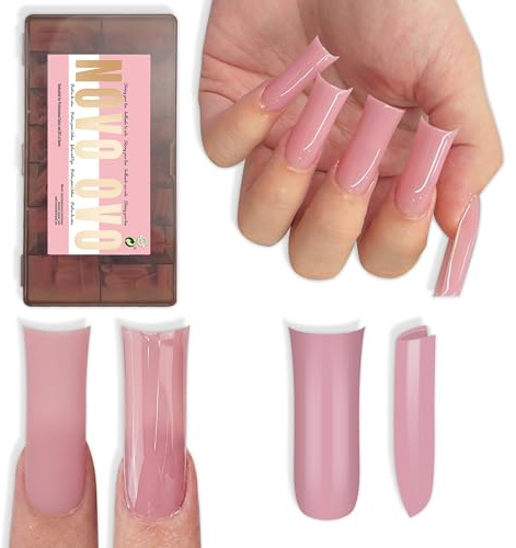 NOVO OVO Long XL Sculpted Duck Nail Tips with Moon Curve - 240Pcs Pure Color Berry Pink Flare Soft Gel Nails, Extra Thick High Apex Fake Nails for Curved Nail Beds, DIY Salon x 15 Sizes