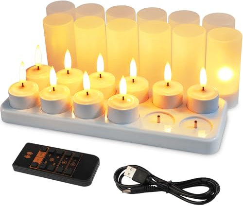 EuroFone 12 Stück 3D Led kerzen,Wiederaufladbare LED Teelichter mit Fernbedienung Timer Flackern gelbes Licht Dimmbar Kerzen mit 3A-Adapter