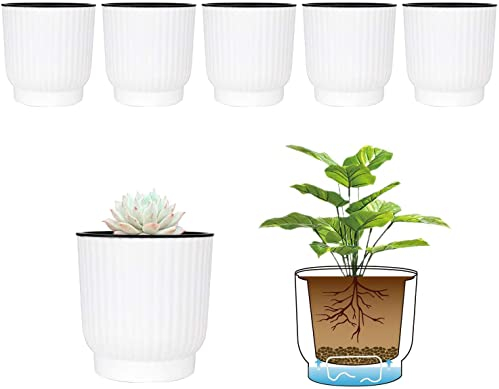 T4U 12cm Selbstbewässerung Blumentopf mit Docht Kunststoff Pflanzentopf, Selbstbewässerungstopf für Orchideen, Basilikum Topf, Blumentopf Klein Set Weiß 6er-Set